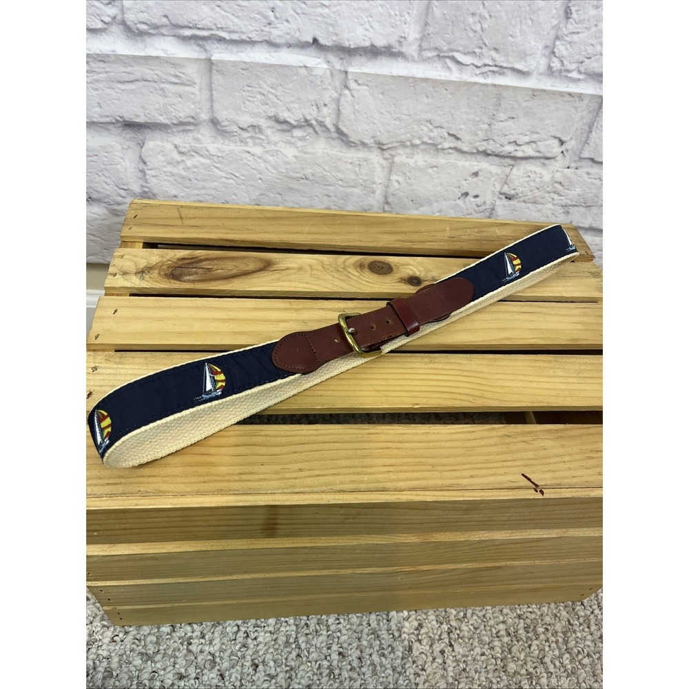 Leather Man Ltd. Brass Buckle Nautical Preppy  Blue Sailboat Canvas Belt 36